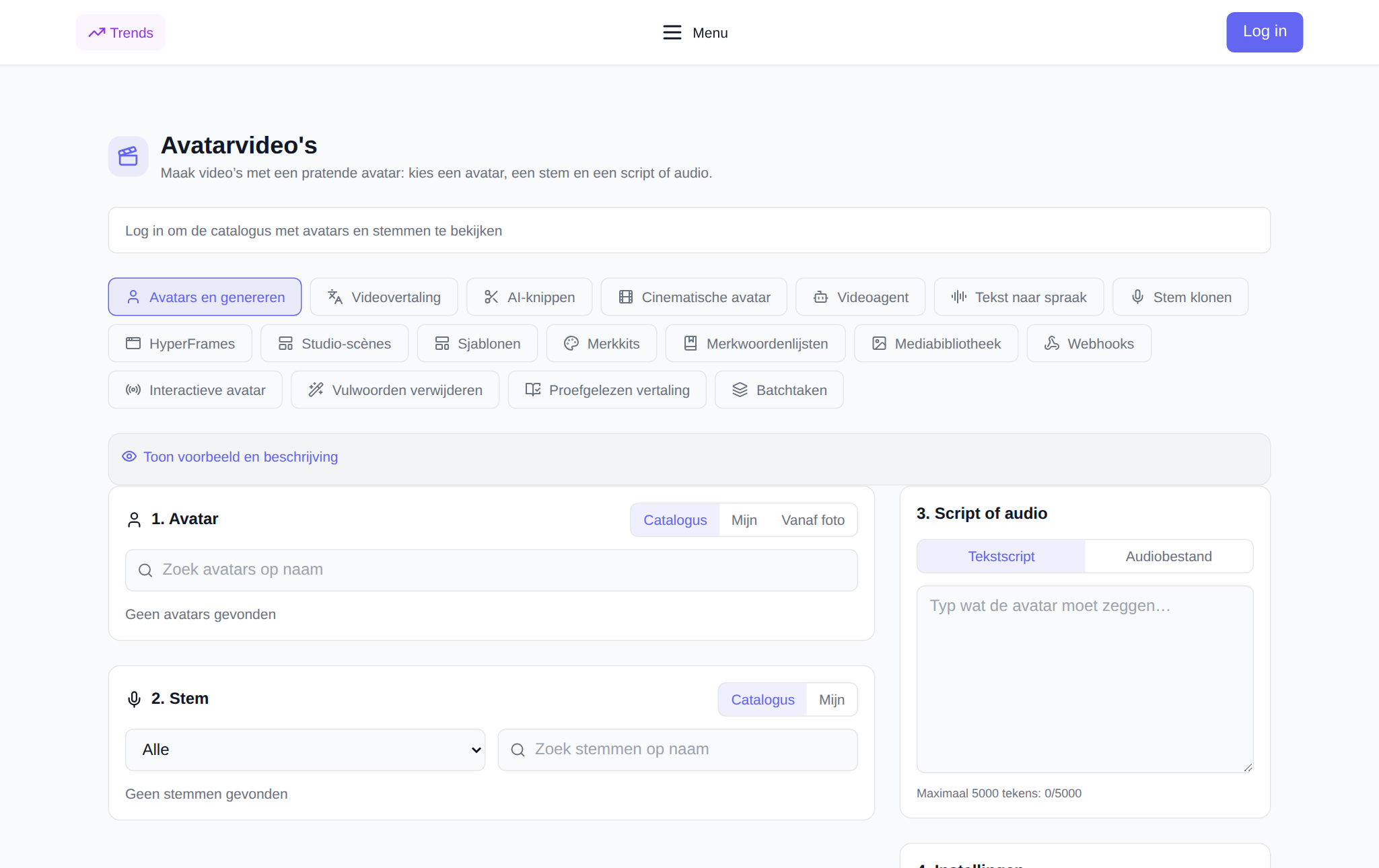 Sectie 'Video-avatars' NeuralSpace: tooltabbladen en formulier voor het genereren van sprekende video's
