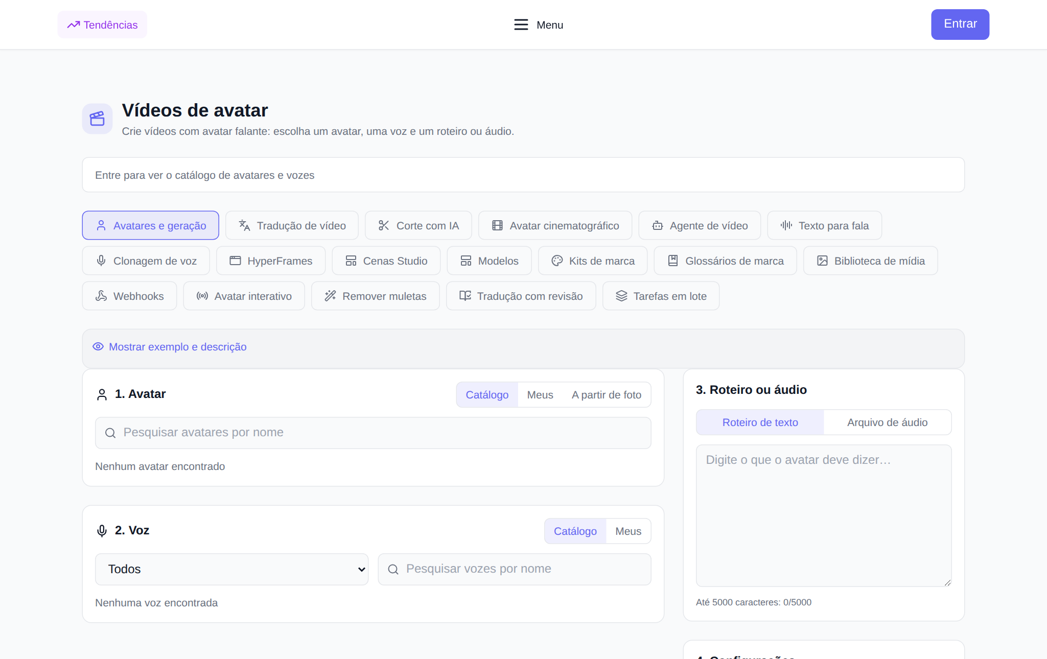 Seção “Avatares de vídeo” NeuralSpace: guias de ferramentas e formulário de geração de vídeo falante