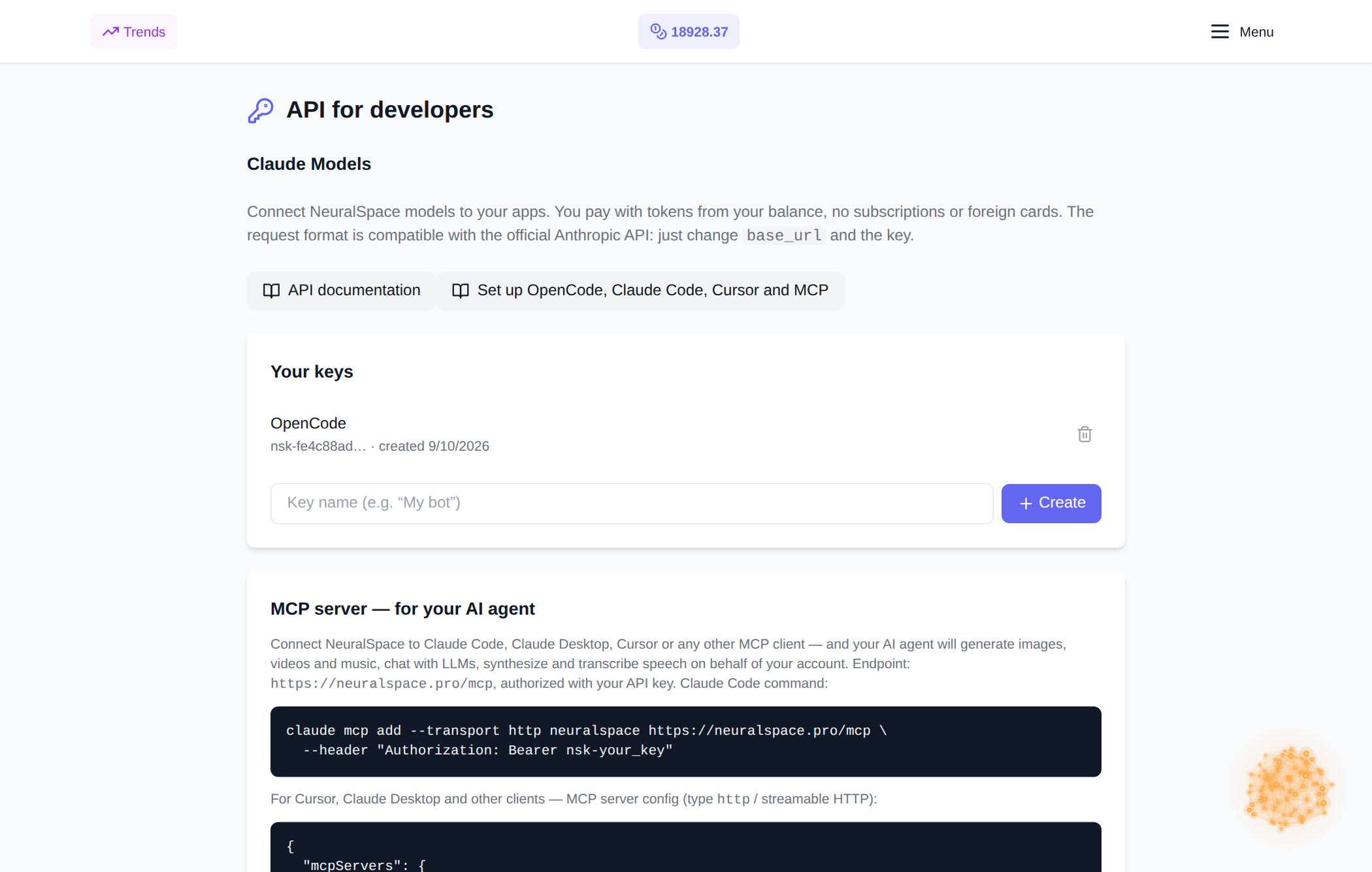 Section MCP-server in the API cabinet NeuralSpace