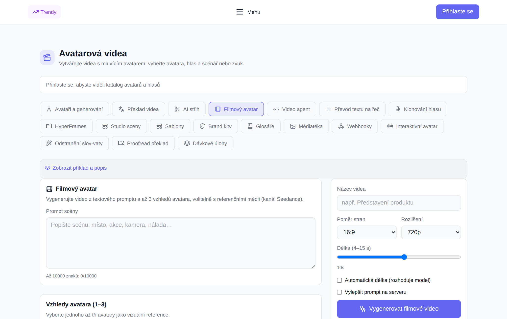 Sekce „Video avatary“ NeuralSpace, záložka „Kinematický avatar“: výzva ke scéně, výběr avatarů, odkazy a nastavení formátu, rozlišení a trvání