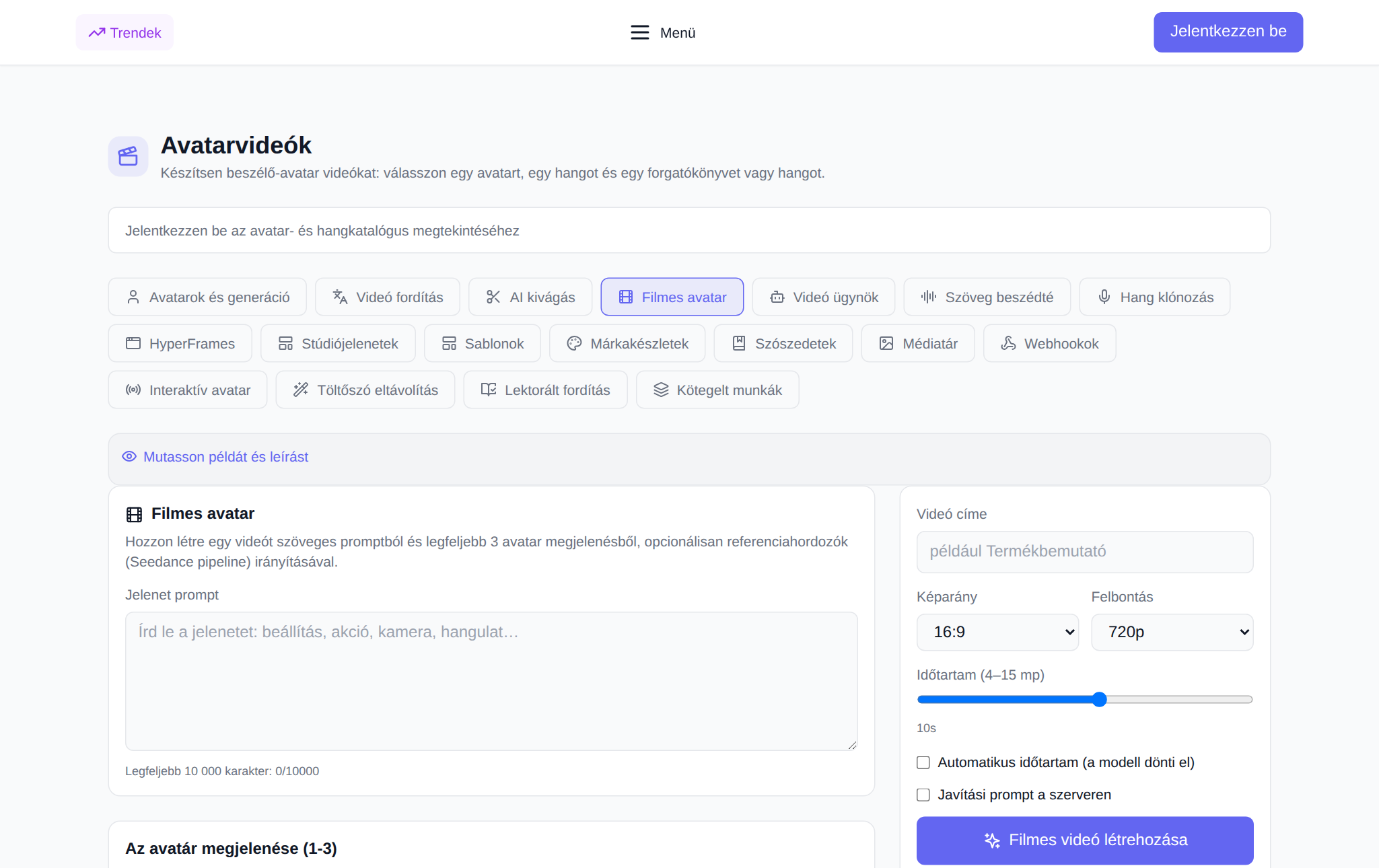„Videó avatarok” szakasz NeuralSpace, „Mozi avatar” lap: jelenet prompt, avatarok kiválasztása, hivatkozások és beállítások a formátumhoz, felbontáshoz és időtartamhoz