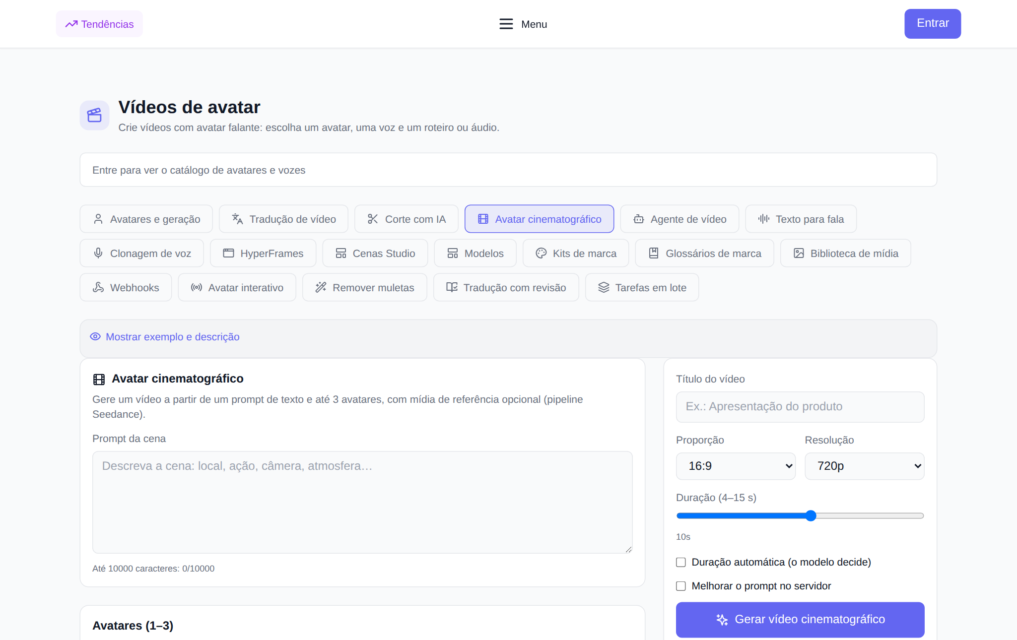 Seção “Avatares de vídeo” NeuralSpace, aba “Avatar cinematográfico”: prompt de cena, seleção de avatares, referências e configurações de formato, resolução e duração