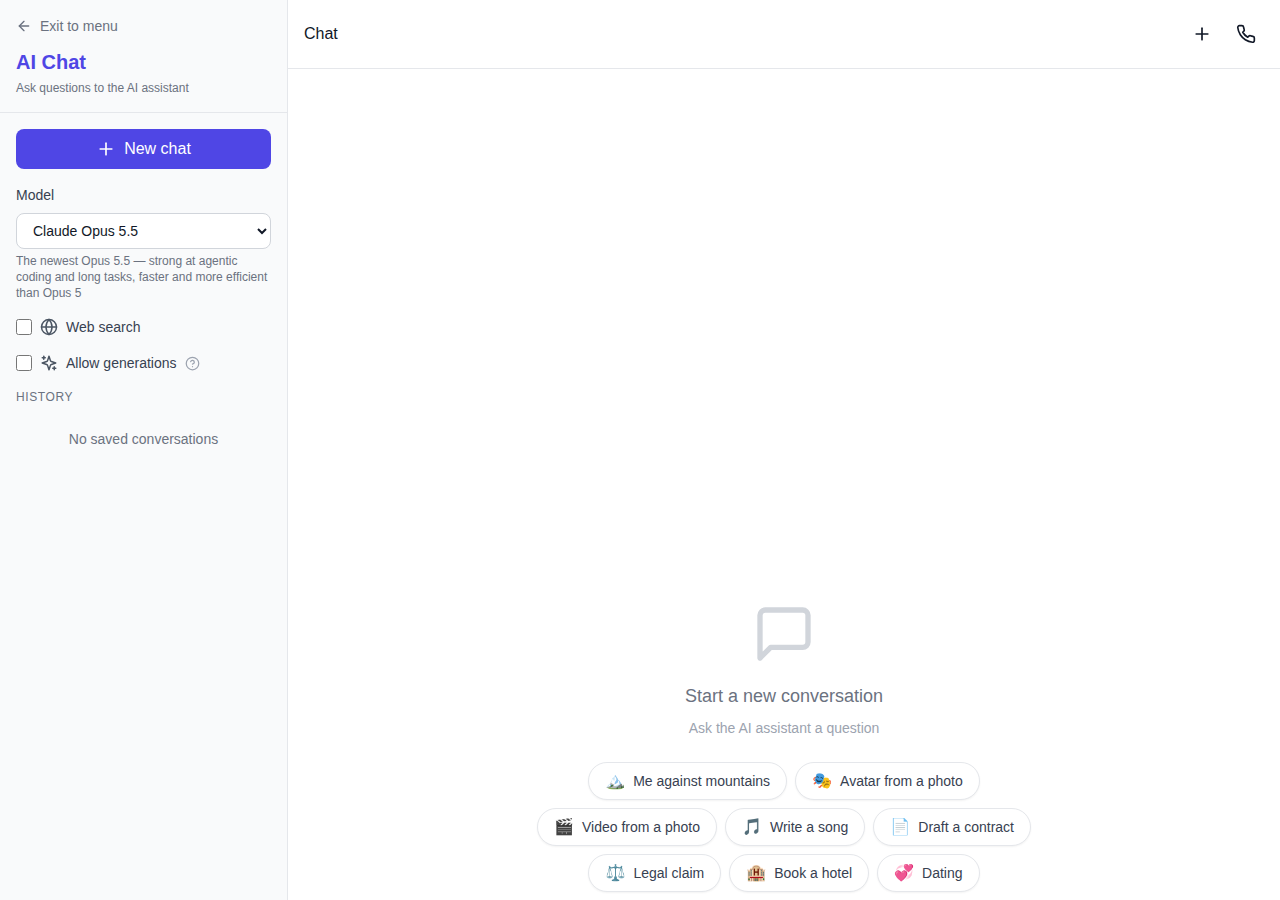 NeuralSpace chat interface: the model selector with Claude Opus 5.5 chosen, a working dialog with a long answer and the token balance