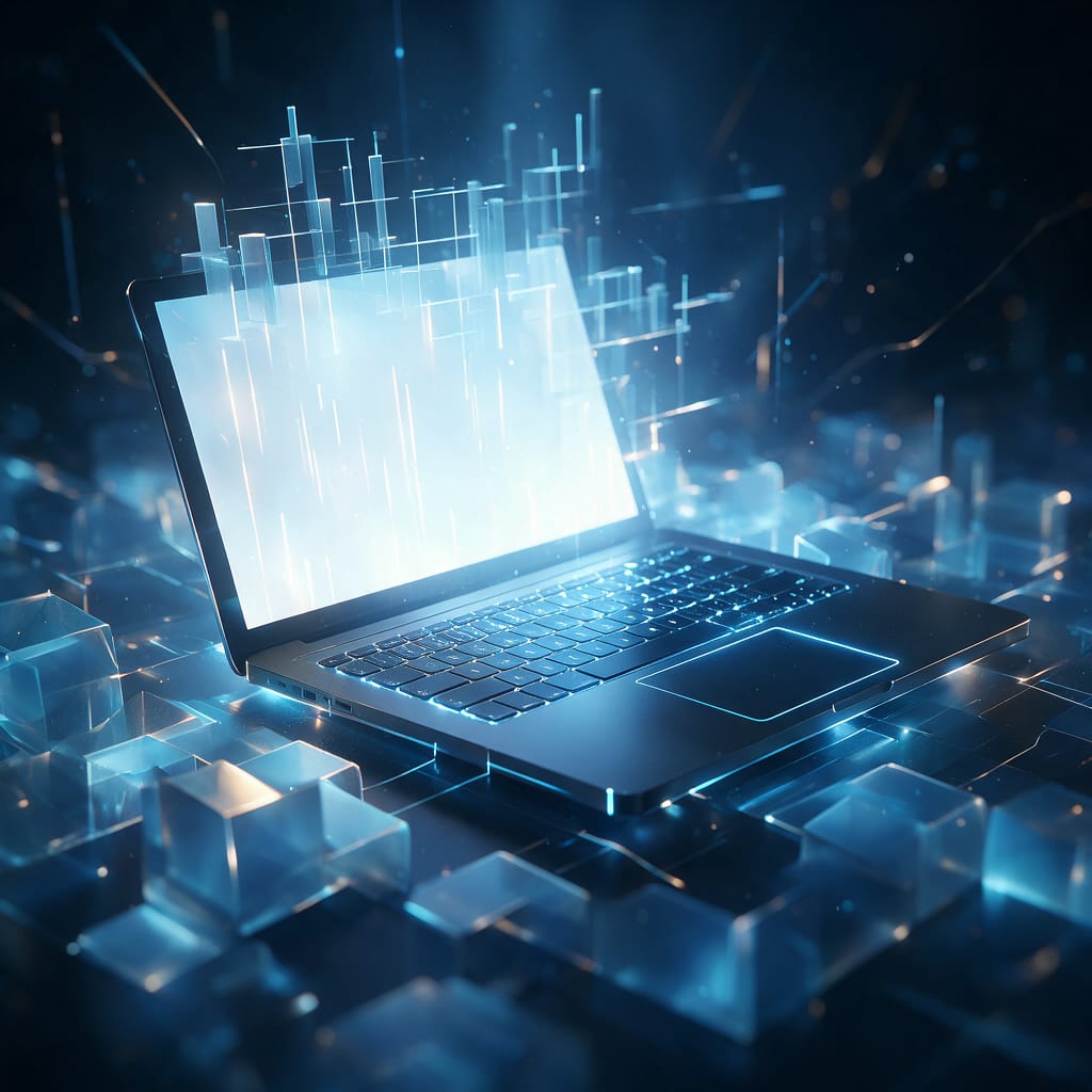A glowing laptop with abstract blocks of code-light