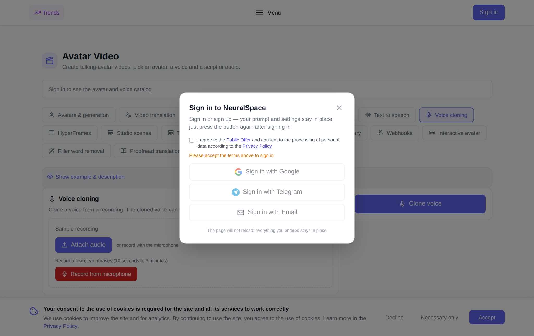 The NeuralSpace Video avatars section, Voice cloning tab: sample upload and microphone recording, voice name field, language hint, noise removal checkbox, token price and the Clone voice button, with the My voice clones list below