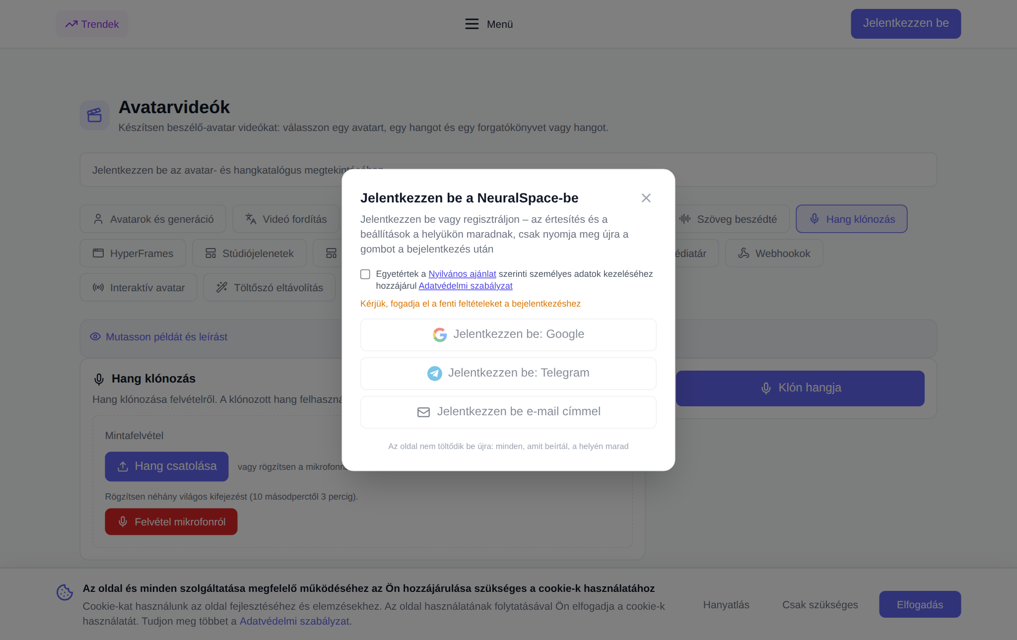 „Videó avatarok” szakasz NeuralSpace, „Hang klónozás” lap: felvételi minta betöltése és felvétel mikrofonból, hangnévmező, nyelvi tipp, zajeltávolító jelölőnégyzet, ár tokenekben és a „Hang klónozása” gomb, lent a „Hang klónjaim” lista