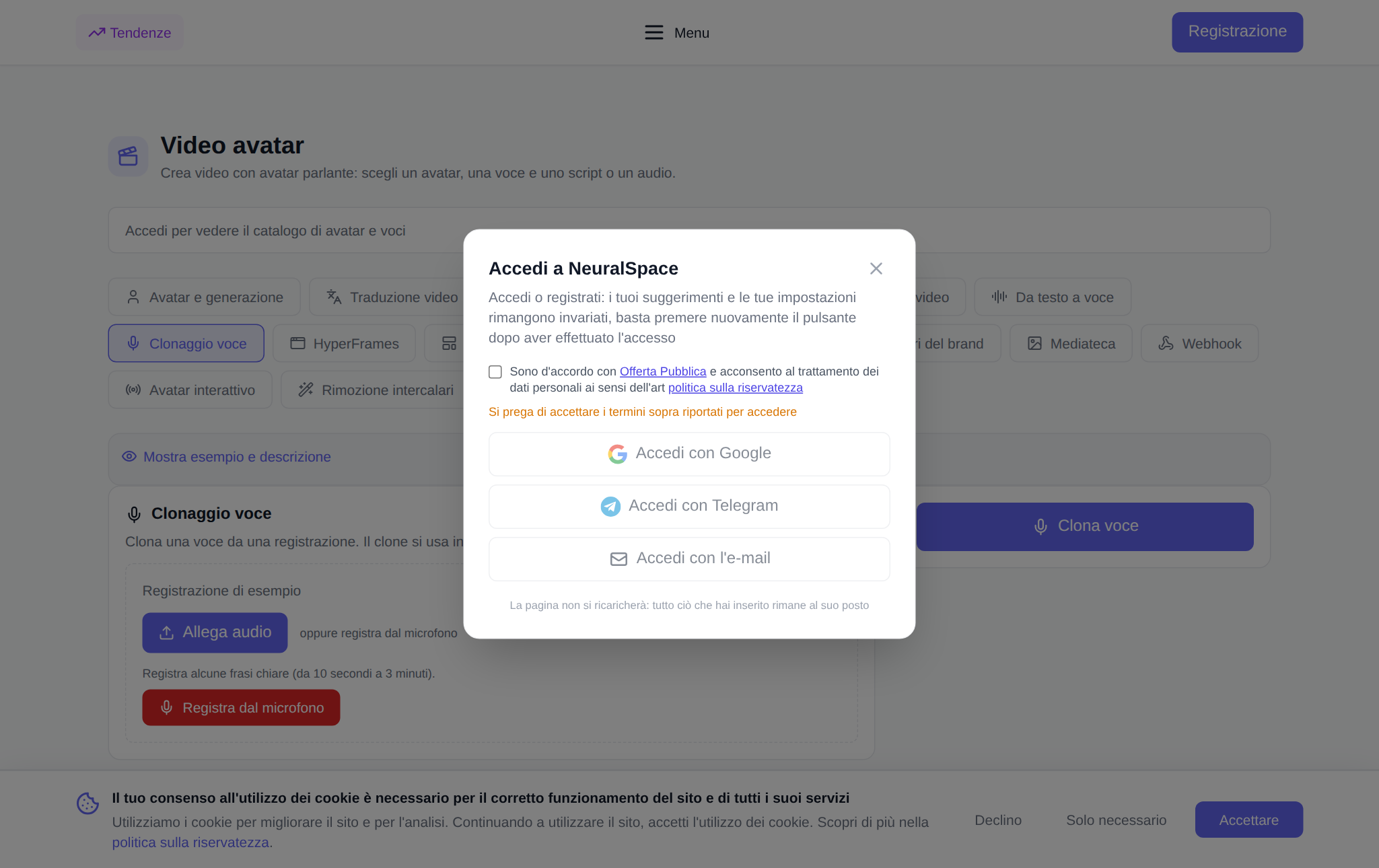 Sezione “Avatar video” NeuralSpace, scheda “Clonazione vocale”: caricamento di un campione di registrazione e registrazione da un microfono, campo nome voce, suggerimento lingua, casella di controllo rimozione rumore, prezzo in token e pulsante “Clona voce”, di seguito è riportato l'elenco “I miei cloni vocali”