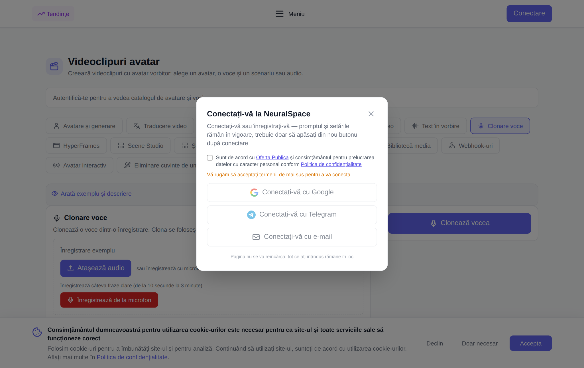 Secțiunea „Avatare video” NeuralSpace, fila „Clonare voce”: încărcarea unui eșantion de înregistrare și înregistrarea de la un microfon, câmpul pentru numele vocii, indiciu de limbă, caseta de selectare pentru eliminarea zgomotului, prețul în jetoane și butonul „Clonare voce”, mai jos este lista „Clonele mele vocale”