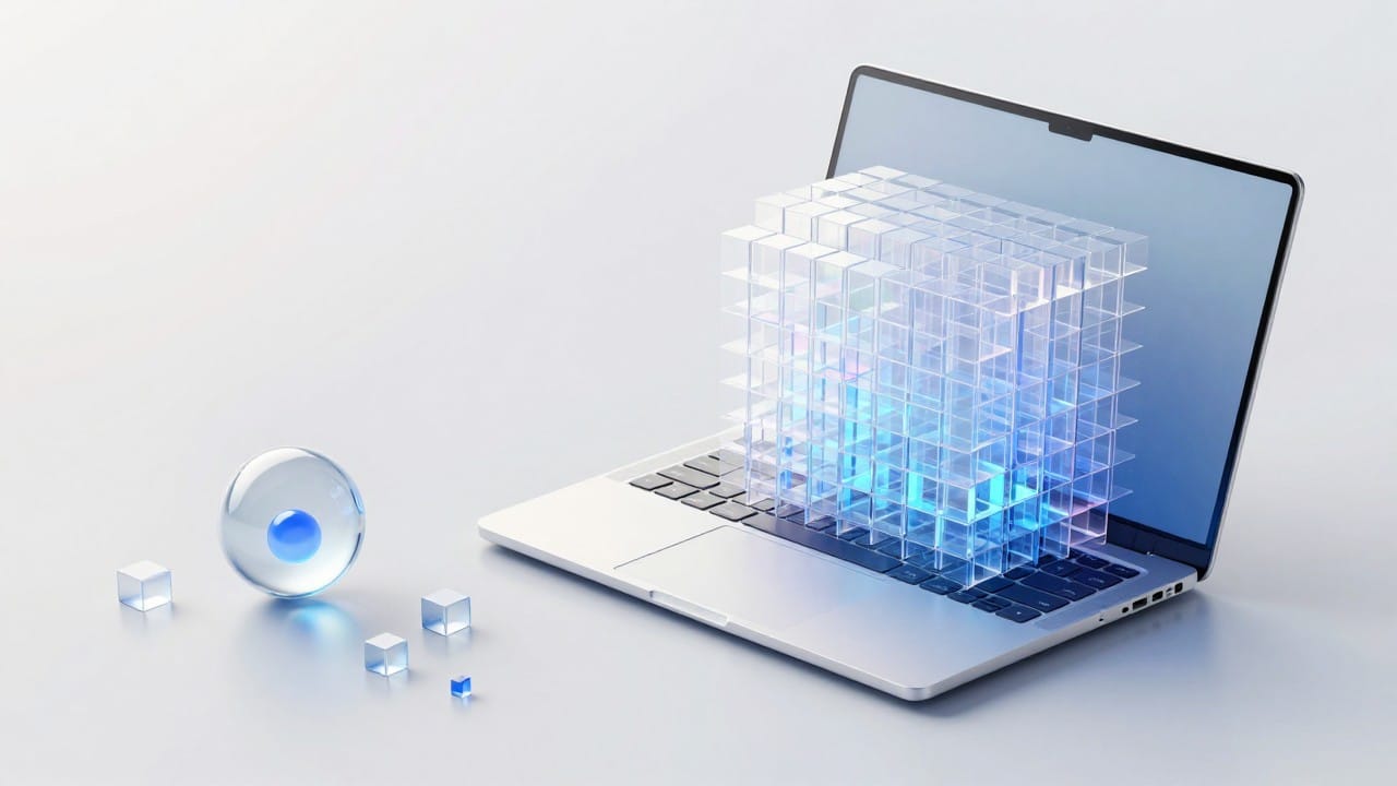 A glowing glass core next to a huge translucent structure of many glowing cubes on a bright surface