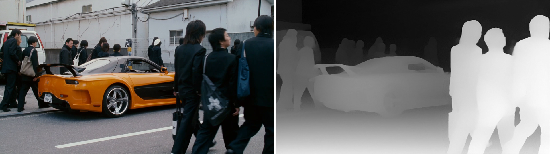 On the left the original video frame, on the right its depth map: brightness shows the distance from the camera to objects