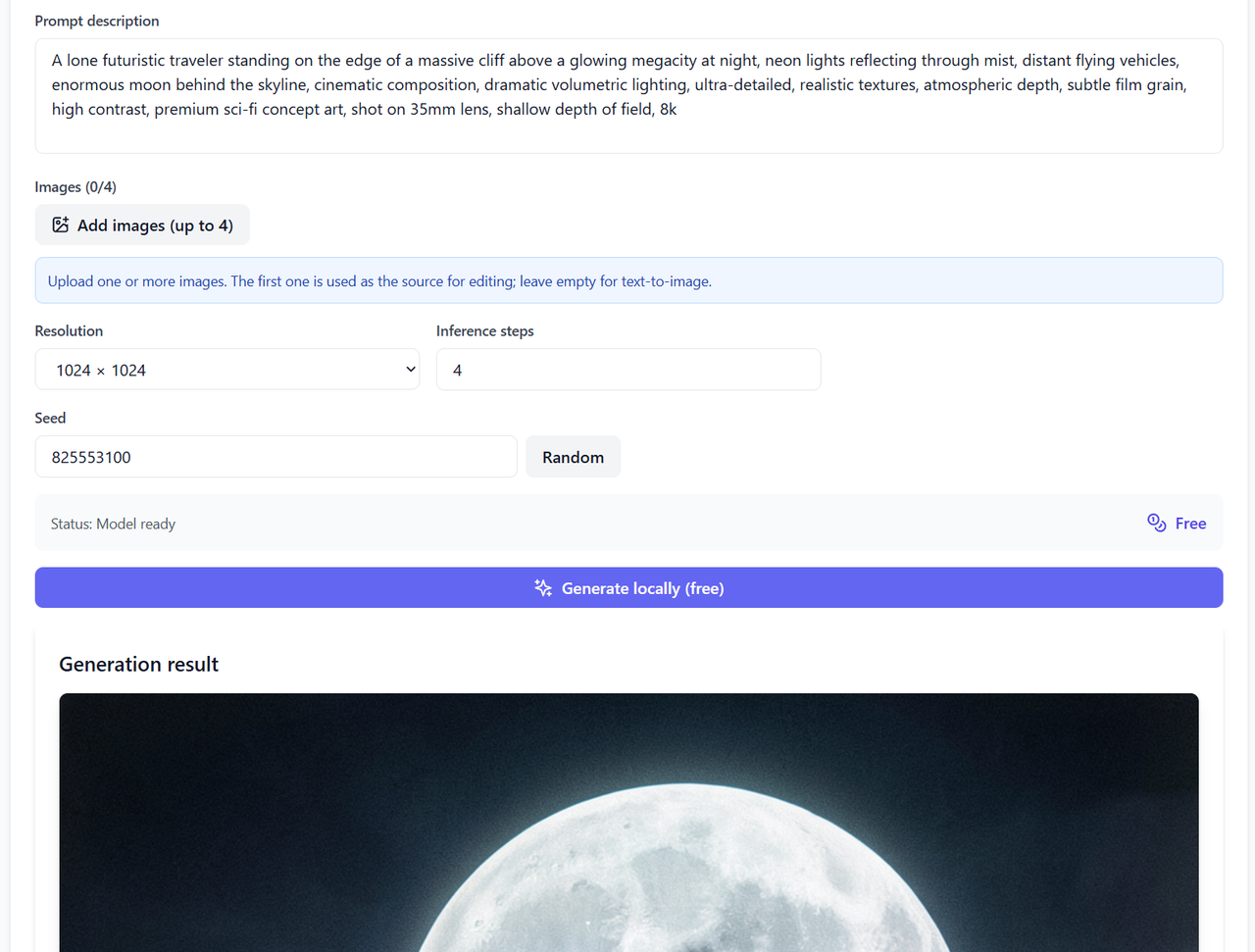 FLUX.2 Klein Interfaccia nel browser: casella di messaggio, selettore di risoluzione e caricamento di immagini