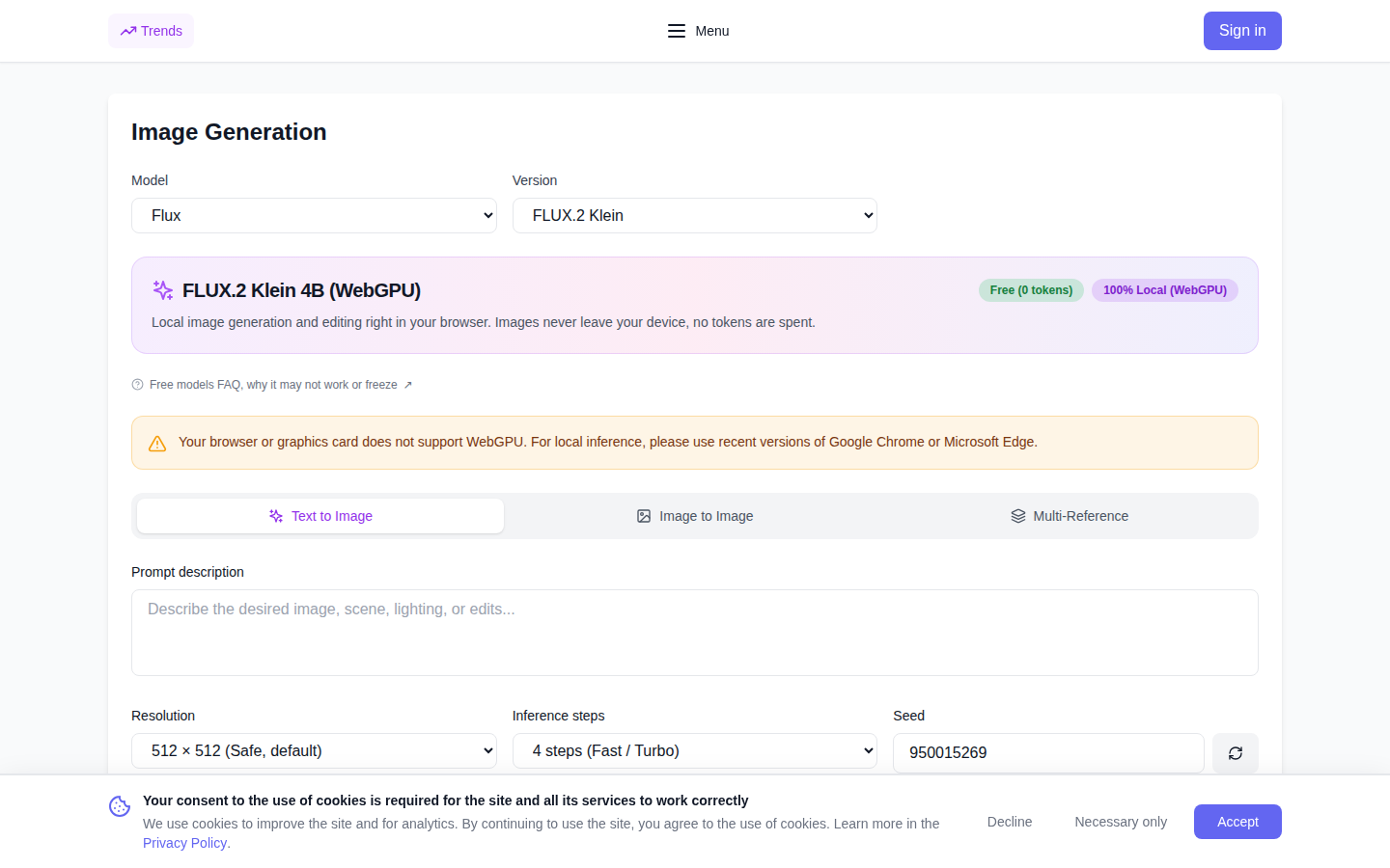 FLUX.2 Klein 4B in-browser WebGPU interface: prompt box, resolution selector, image upload, and generation progress