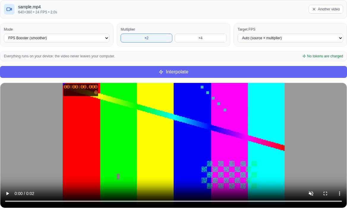 Video section: the Frame Interpolation / Smooth Slow Motion (free) tool with a loaded video, mode and multiplier controls and a result preview