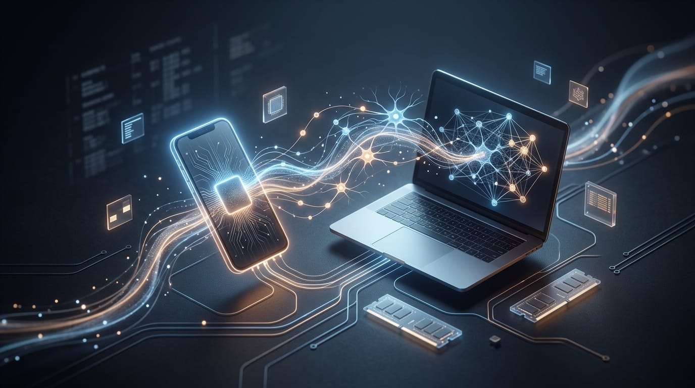 Светящиеся ноутбук и смартфон вычисляют нейронную сеть локально через память и графический чип — метафора браузерных моделей
