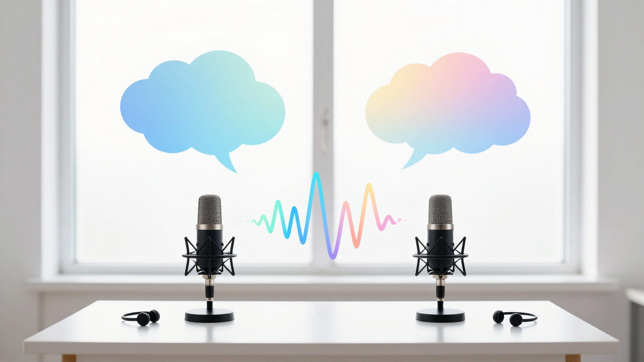 Light recording studio by a window: two microphones, headphones and colourful sound waves, soft floating dialogue cards, plenty of light