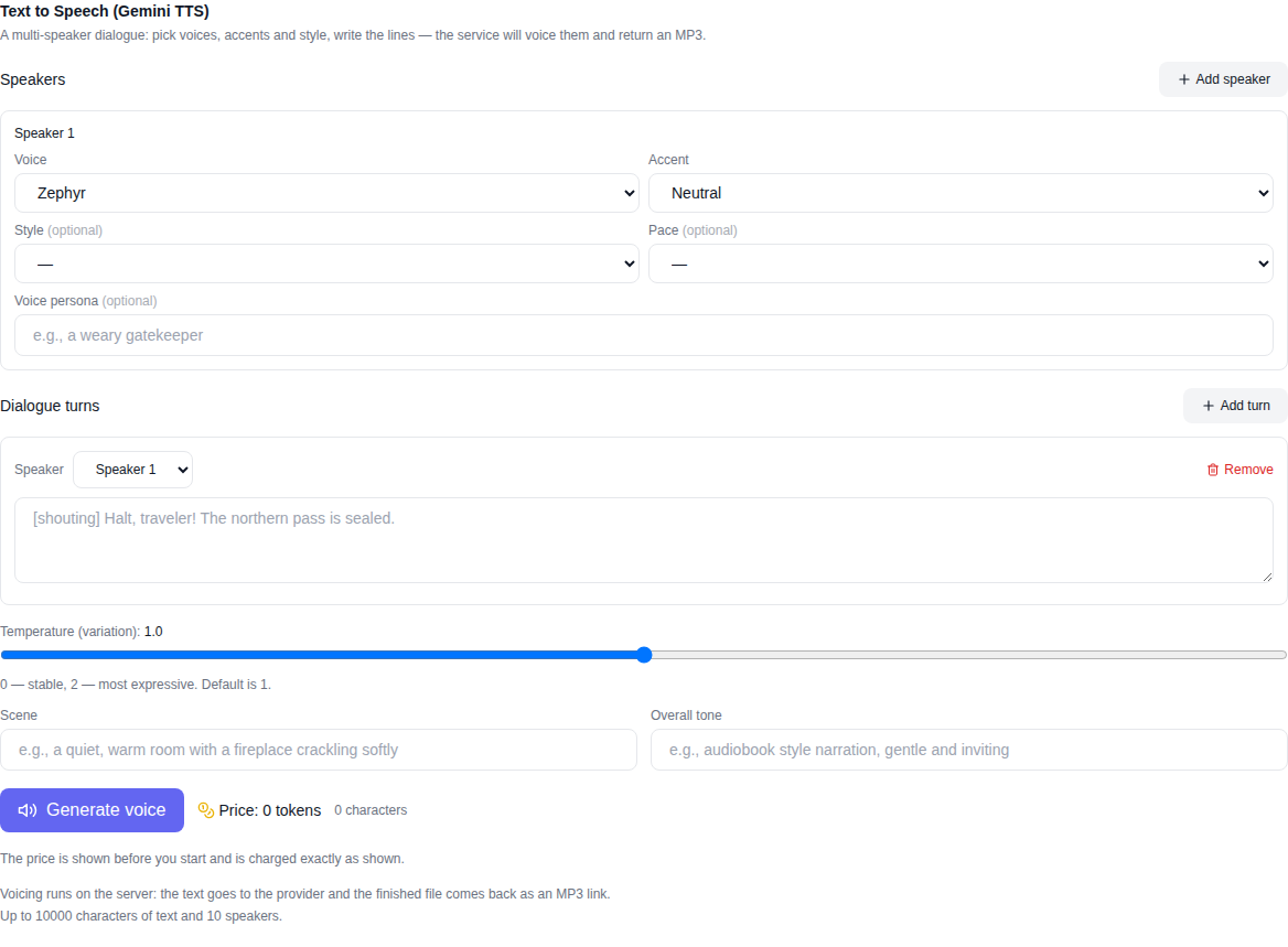 Audio section: the Gemini TTS voiceover tool with two speakers configured, dialogue lines, the temperature slider and the price shown before starting