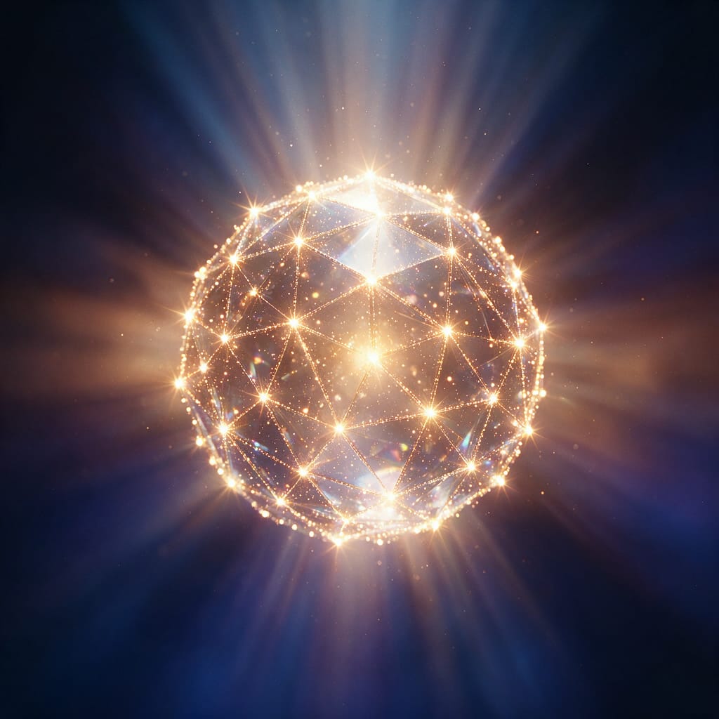 A glowing faceted sphere of light particles