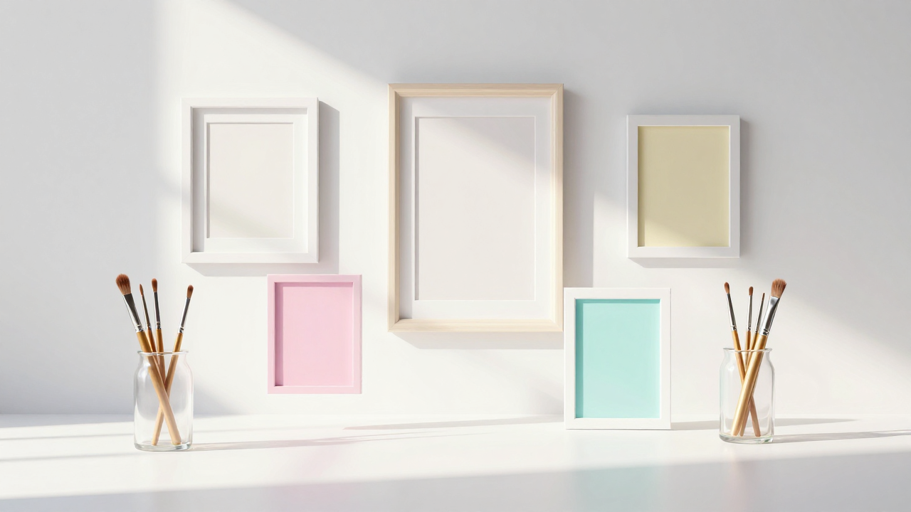 Bright sunlit studio featuring floating pastel abstract art frames and translucent glass palettes