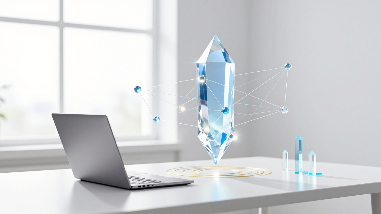 Light 3D scene by a window: ultrabook on a white desk, glowing crystal and neural network mesh, soft daylight