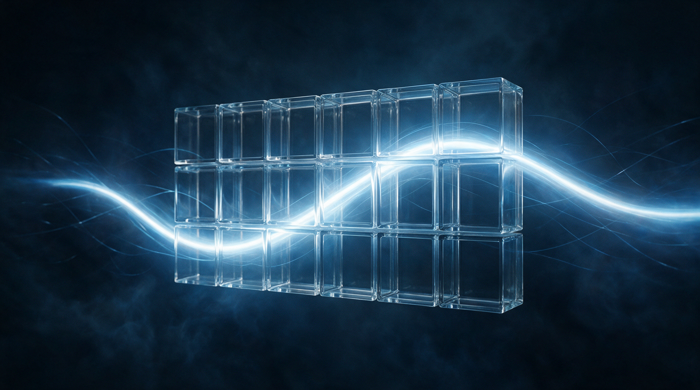 A glowing data stream passes through a grid of identical cells — a metaphor for one API for many models