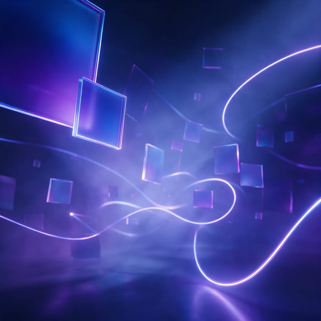 A dark scene with floating glowing geometric tiles and neon streaks