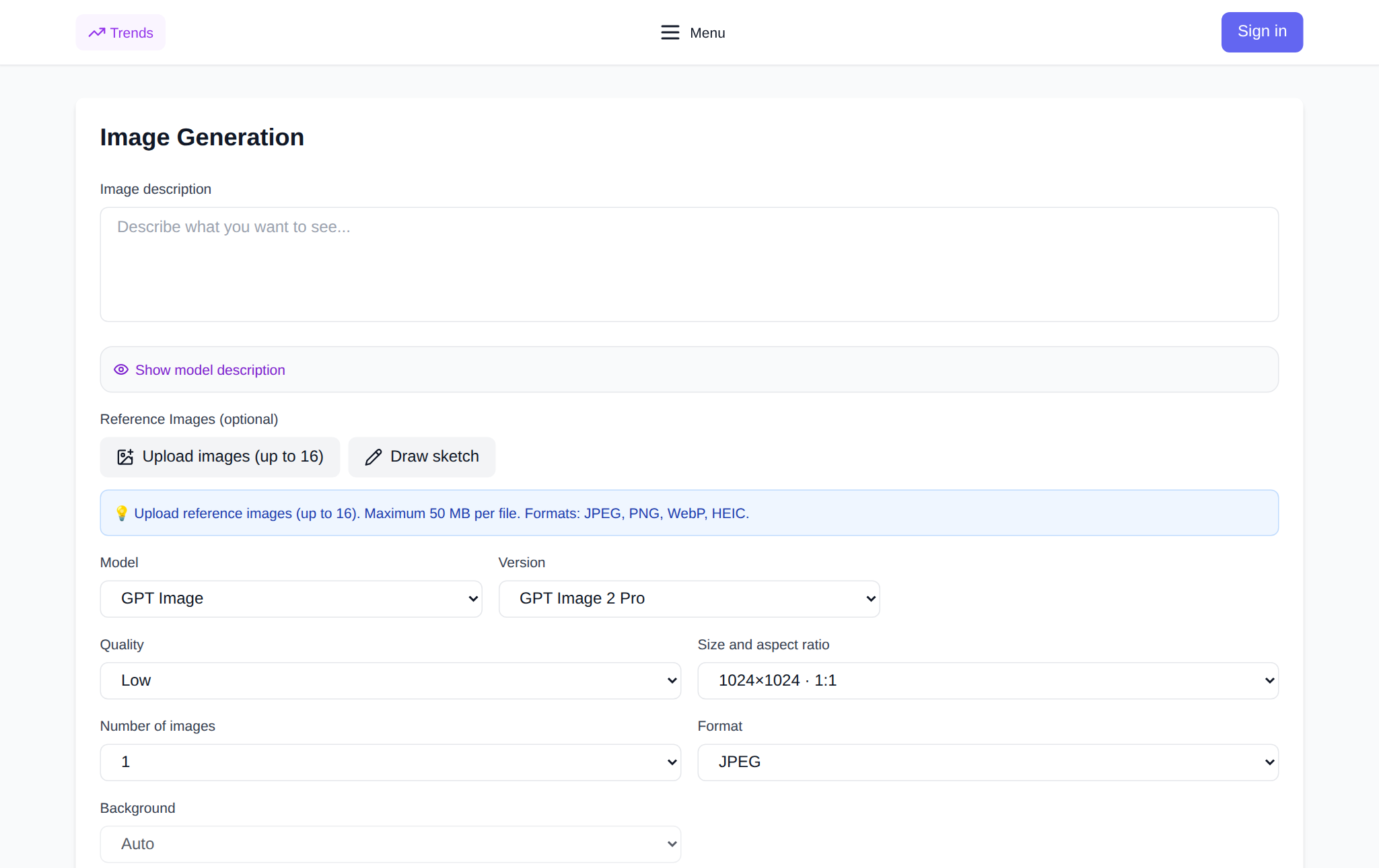 The NeuralSpace image generation page: description field, model picker and generation settings