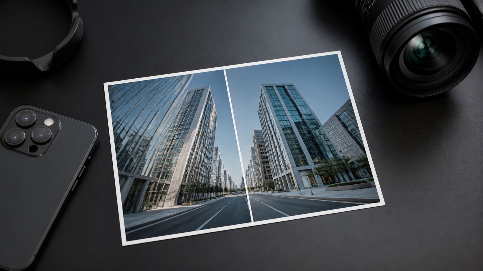 An Ultra Wide architectural photo with a visual perspective comparison, without people or text