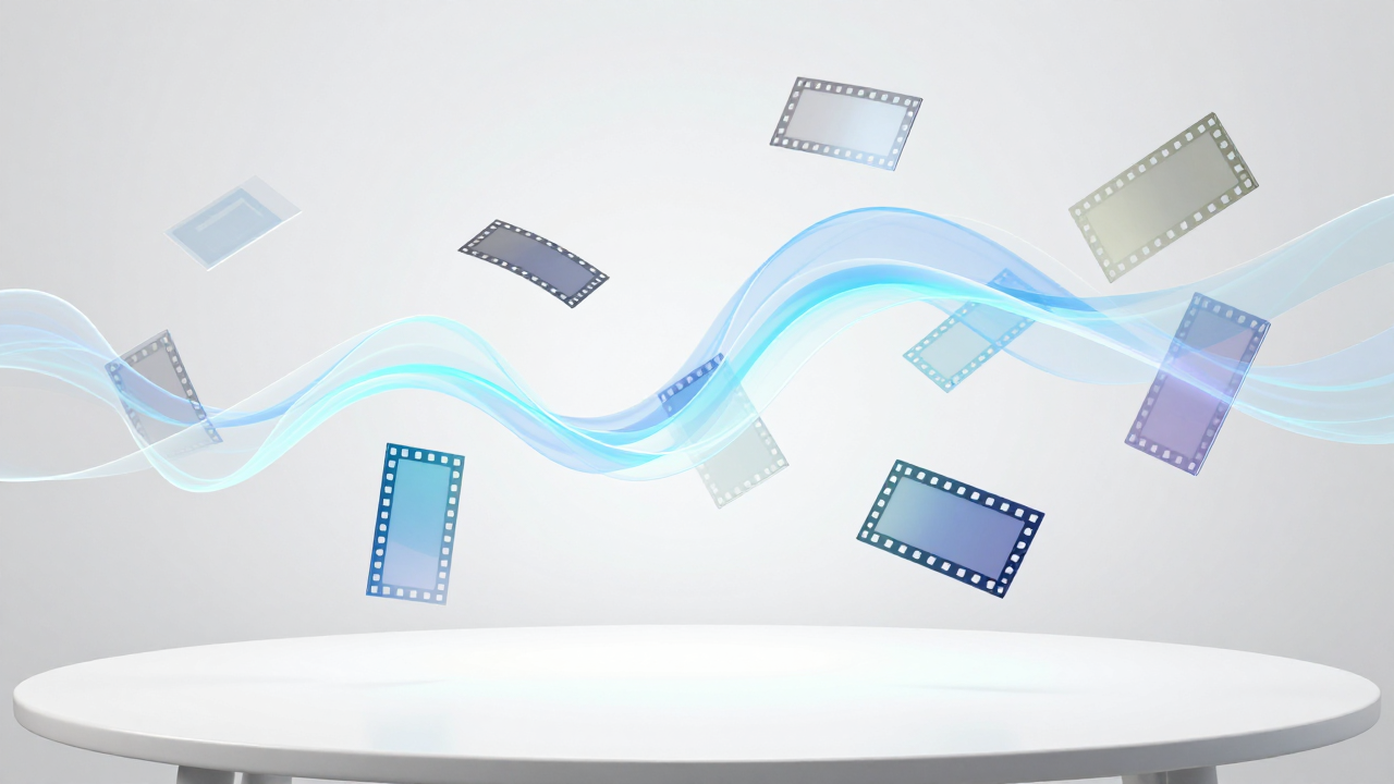 Světlé studio s plovoucími filmovými rámečky a měkkými vlnami světla
