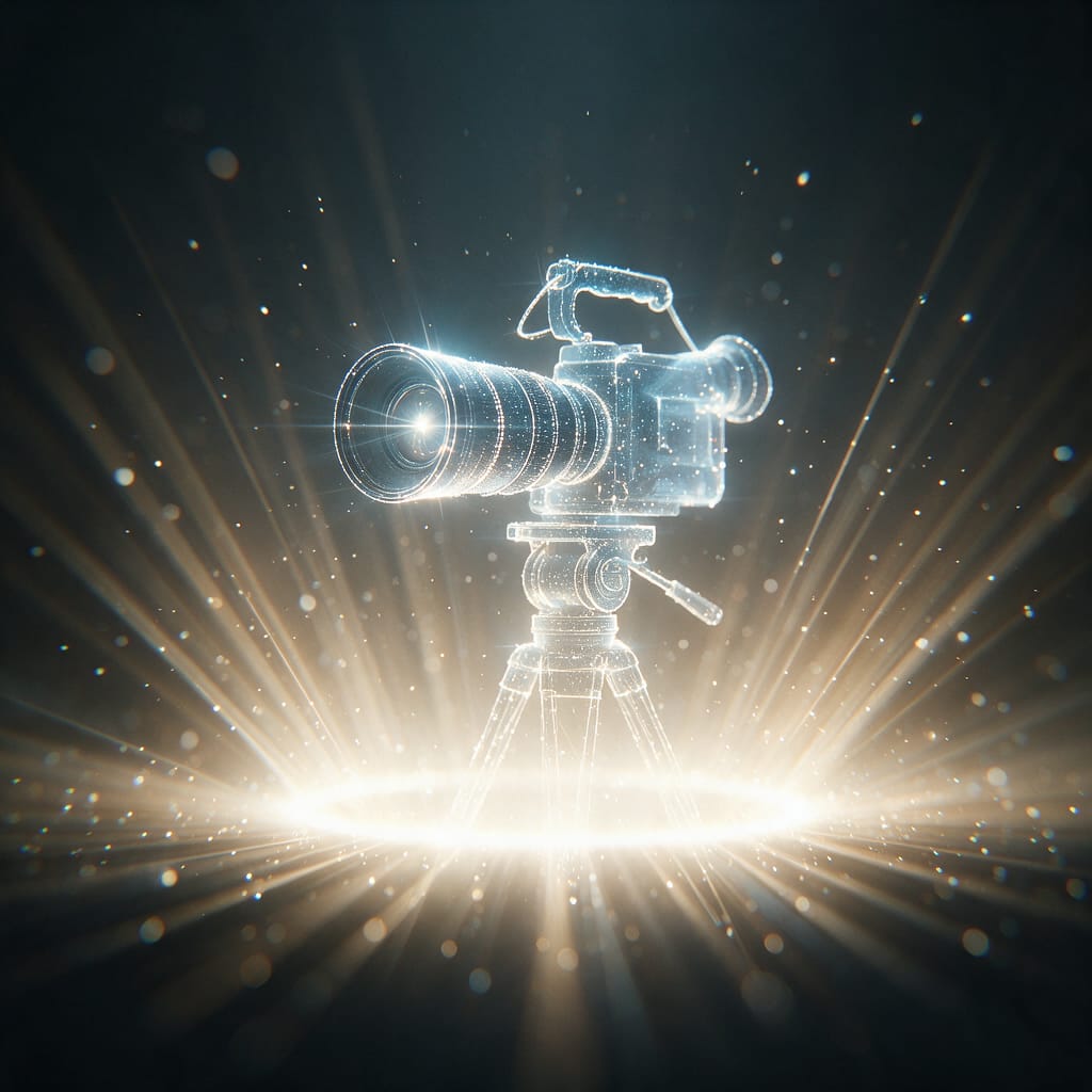 A glowing film camera made of light particles