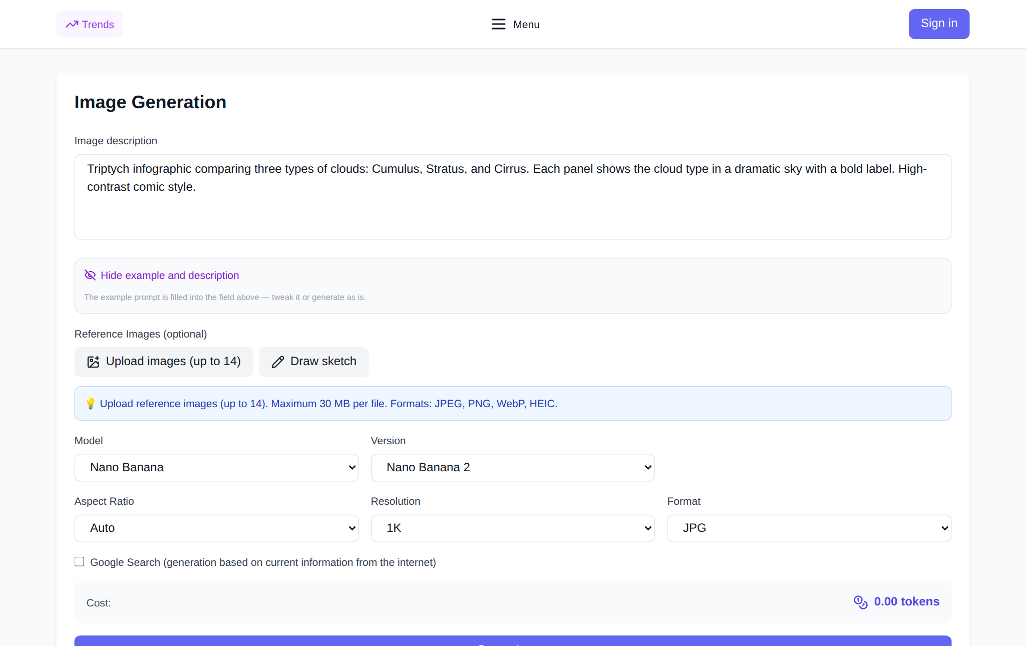 The NeuralSpace image generation page: description field, model picker and token cost