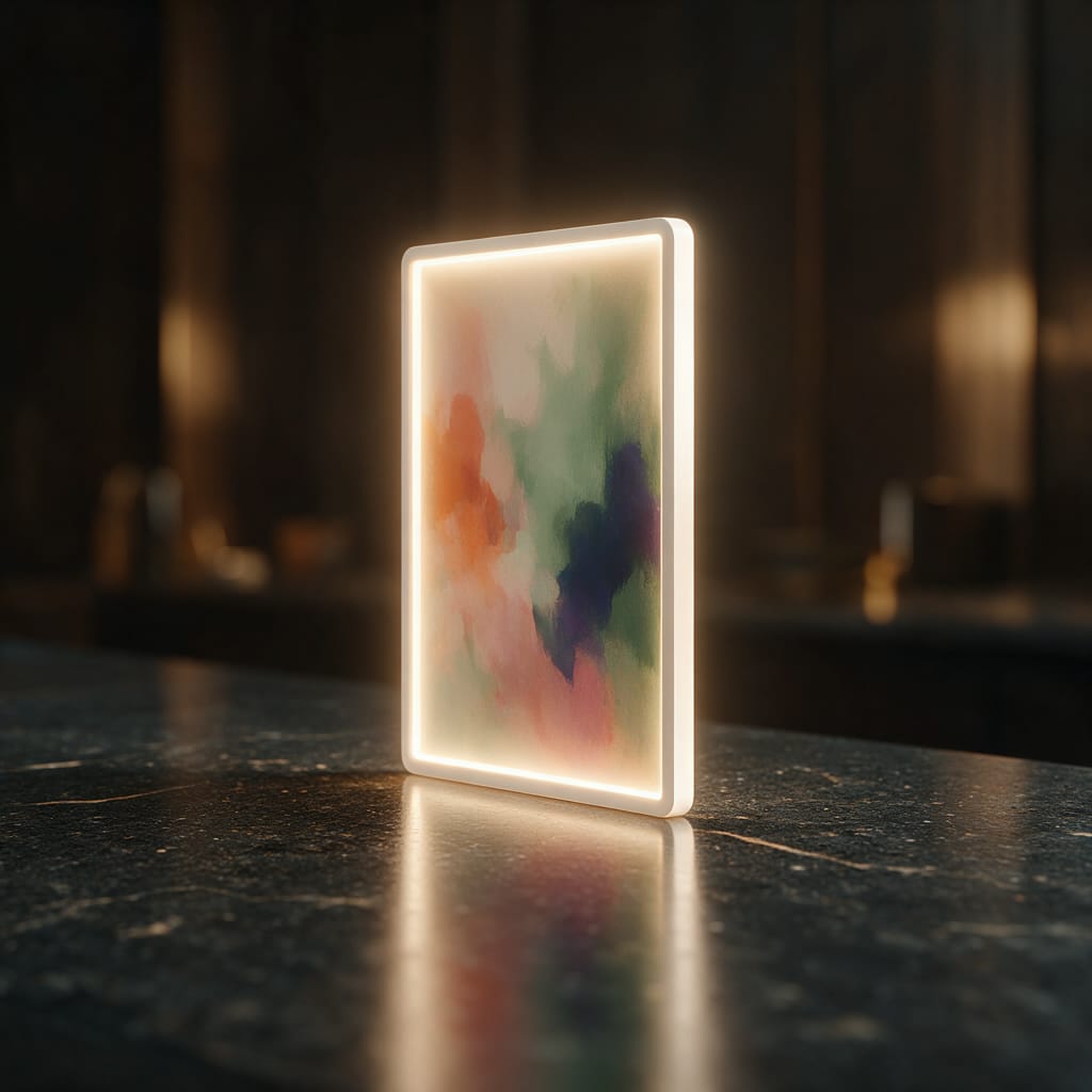 A glowing canvas frame with abstract shapes