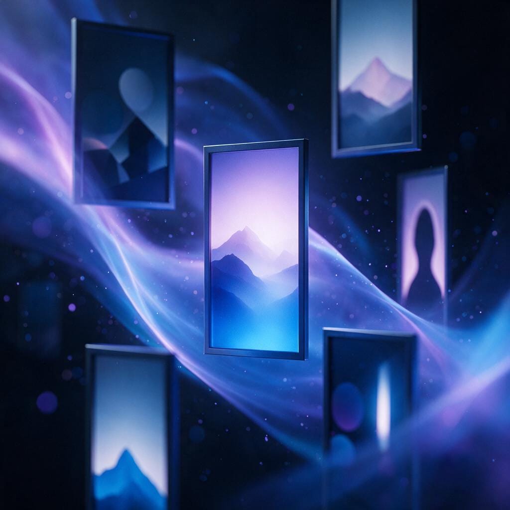 深色影棚场景，悬浮着多幅不同题材的发光画框，蓝紫色光晕