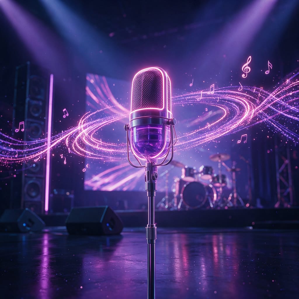 A neon microphone on a dark concert stage with glowing sound waves and floating musical notes, violet and pink light
