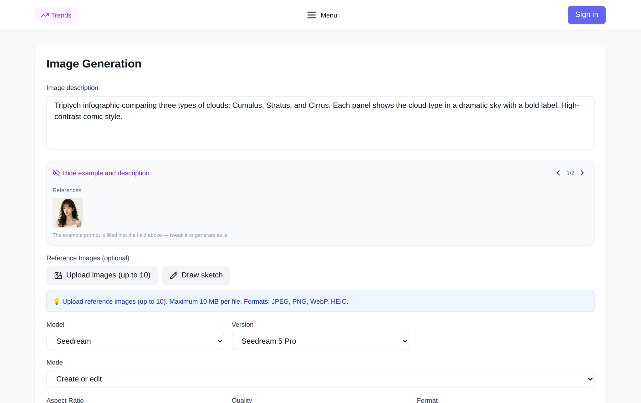 The NeuralSpace image generation page: model and version lists, prompt field and aspect ratio