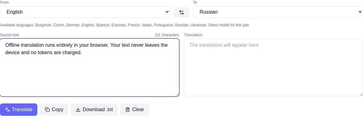 Other tools section: the Text translation tool with source and target language selectors, two text fields and Translate, Copy and Download buttons