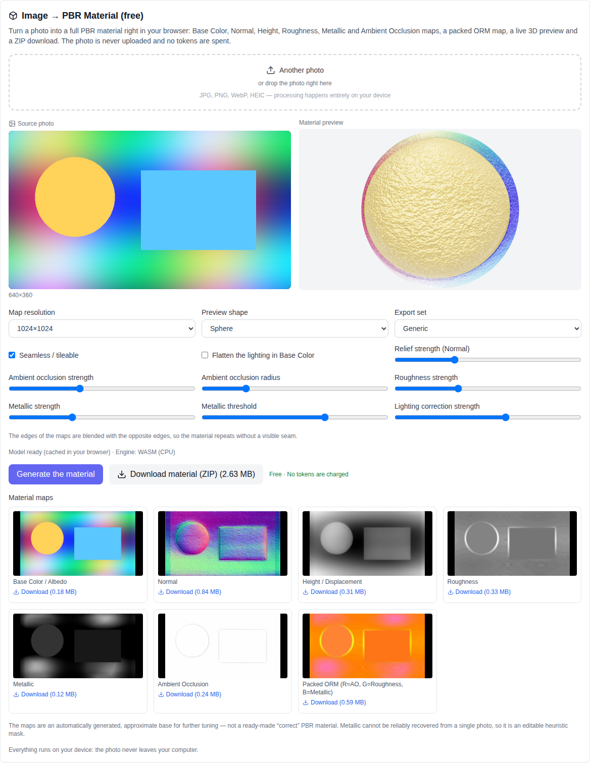 Images section: the Image to PBR Material (free) tool with a loaded photo, material map thumbnails and a live 3D preview