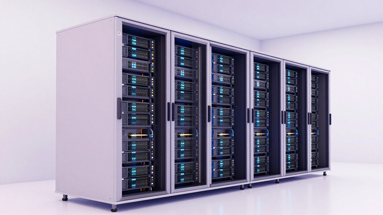 A server room with one row of dim GPU cards and one row glowing bright blue, a stream of glowing particles between them