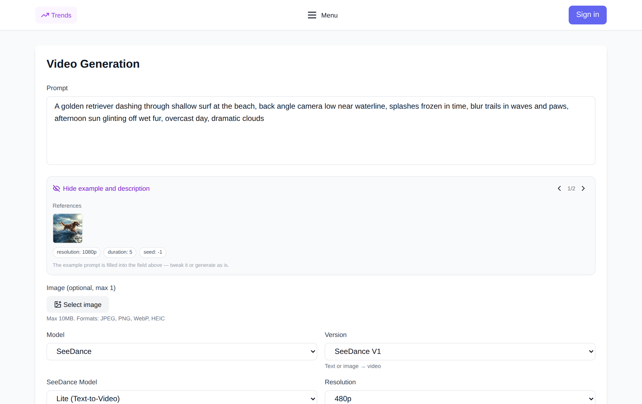 The NeuralSpace video generation page: the SeeDance model group, quality and resolution selectors