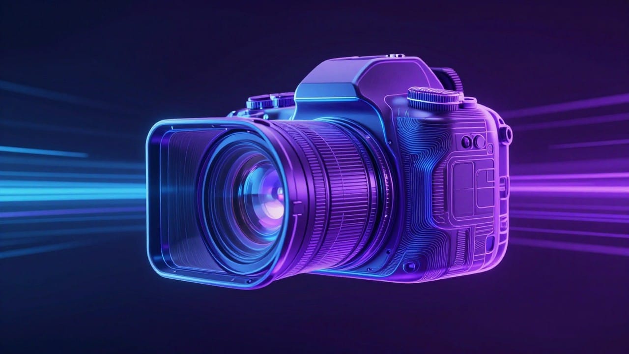 A still photo coming to life: glowing motion lines and a camera path rising out of it