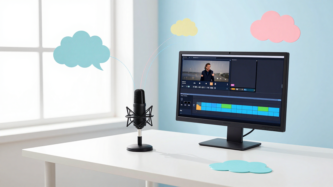 Light airy 3D scene: a neat studio microphone on a white desk, soft glowing sound waves spreading from it, translucent glowing panels floating around, plenty of light