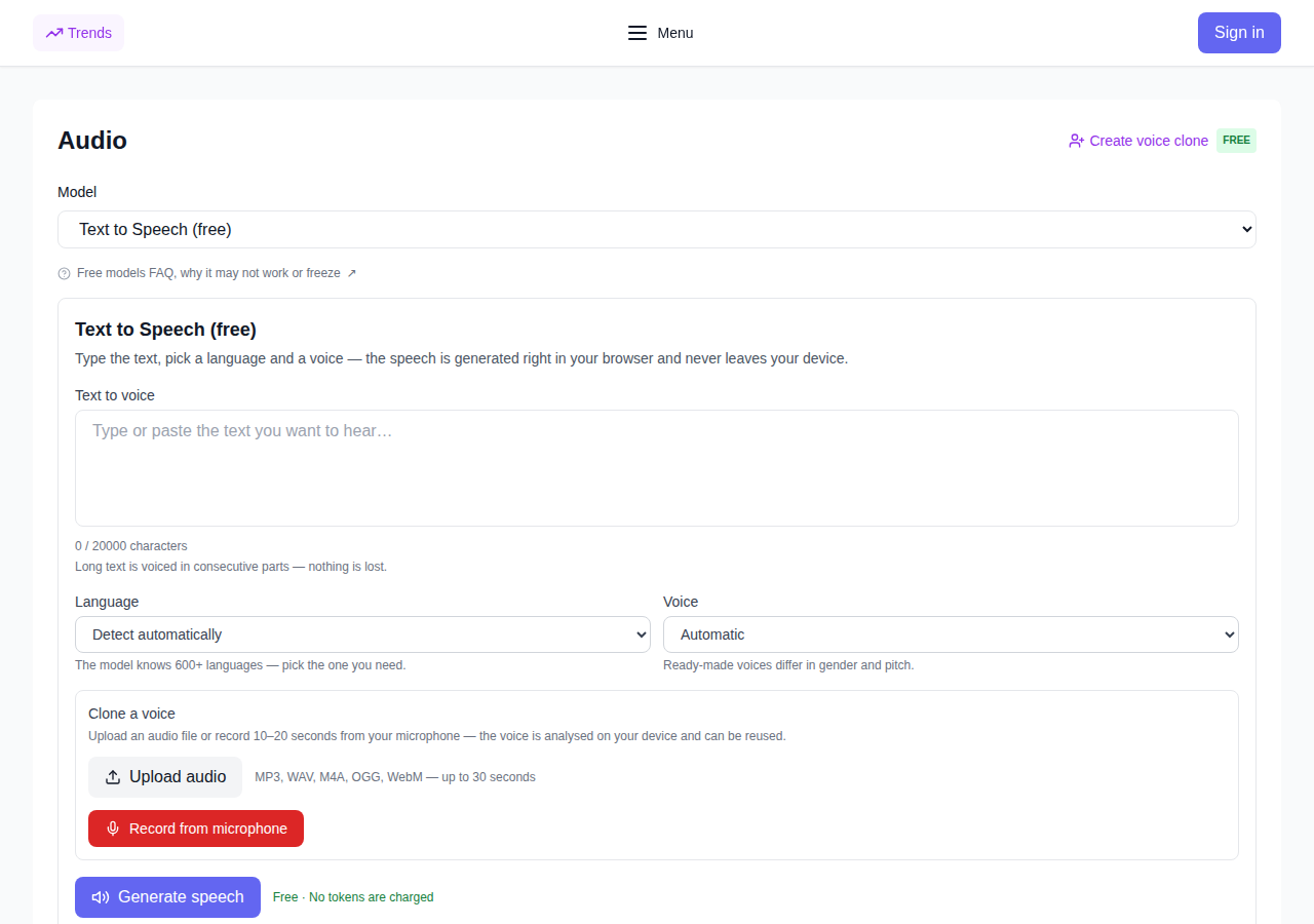 NeuralSpace free voice generator interface: a text field, language and voice selectors, and the speech generation button