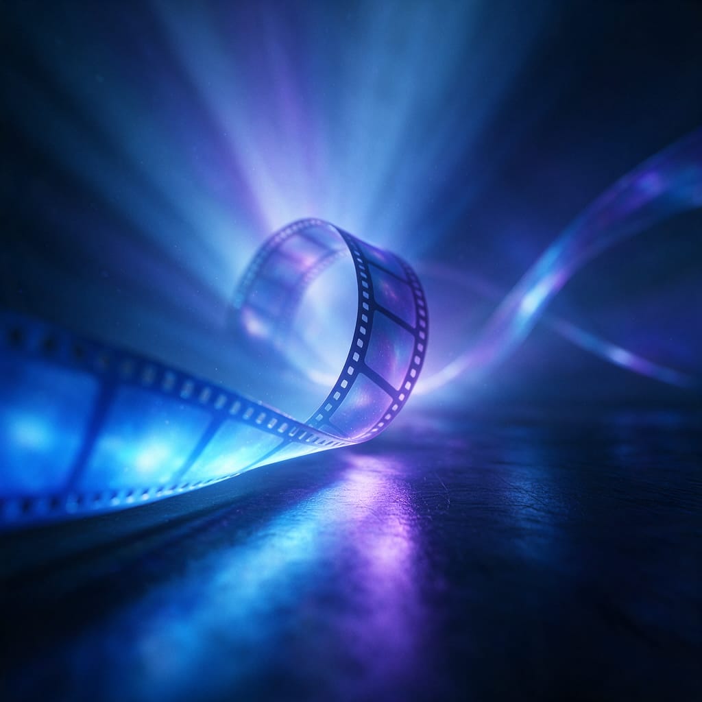 A glowing film strip unrolling into a row of frames above a dark surface in blue-violet light