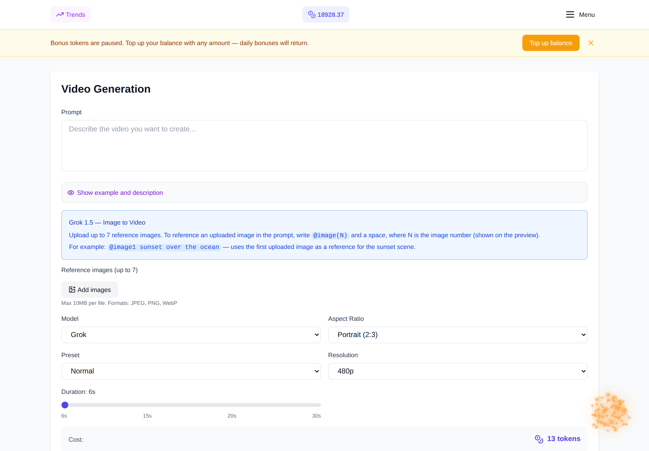 Screenshot der NeuralSpace-Website: Seite zur Videogenerierung mit dem ausgewählten SeeDance 2.0-Modell und der integrierten Schaltfläche „Grid and Grain“.