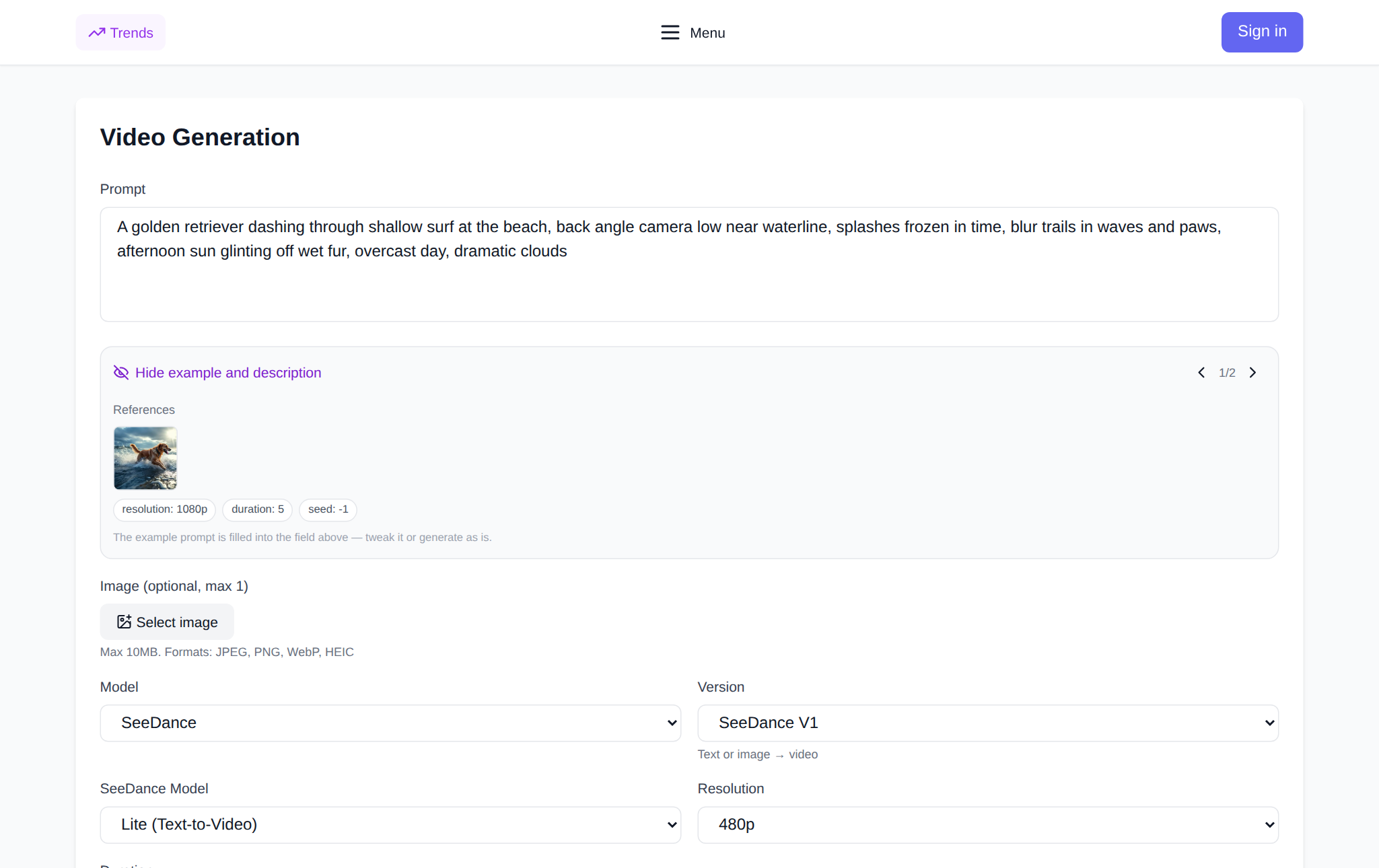 The NeuralSpace Seedance page in English with video-generation settings