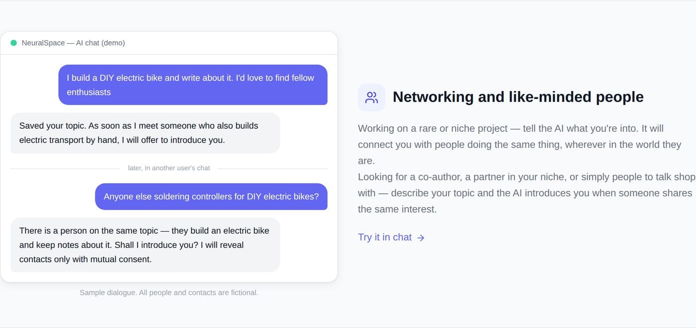 Example of a dialogue: find like-minded people on a niche project through the cloud of thoughts NeuralSpace