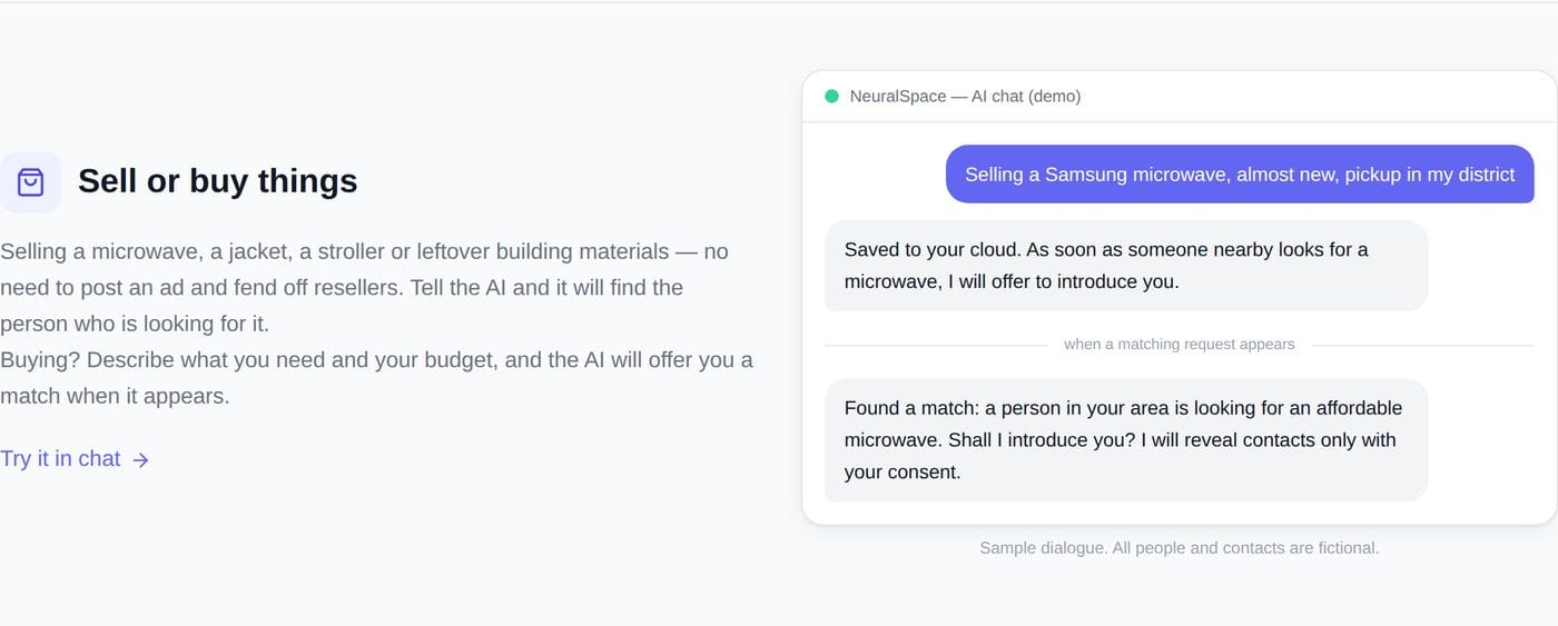 Dialogue example: selling a used item through a thought cloud NeuralSpace