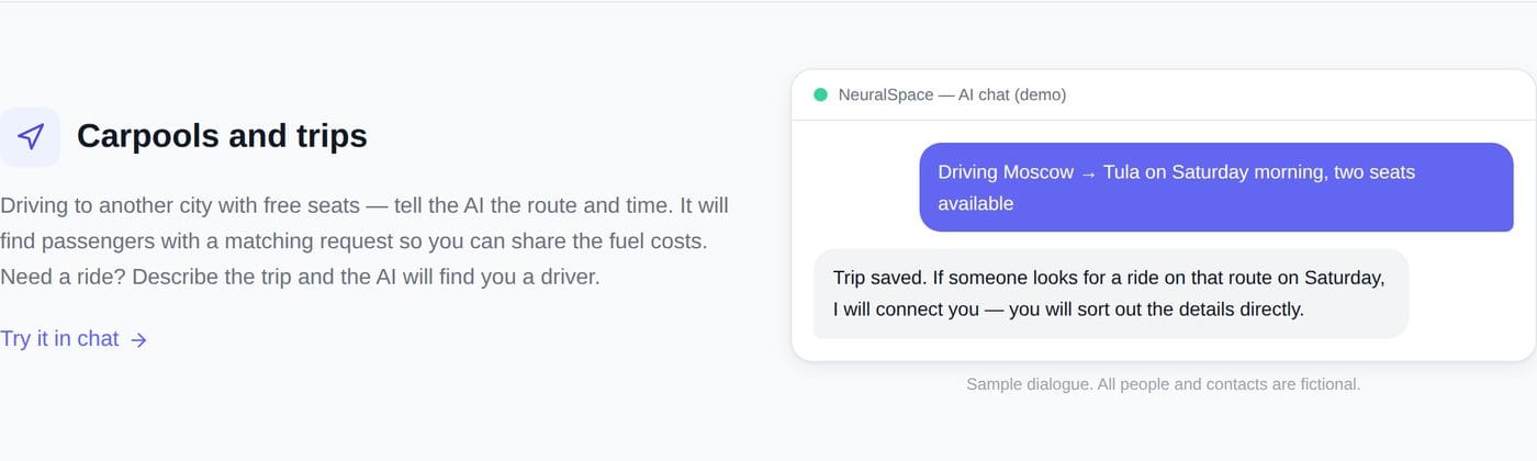 Example dialogue: searching for travel companions through a cloud of thoughts NeuralSpace