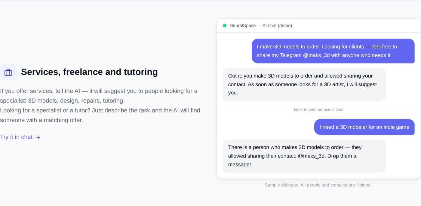 Example dialogue: 3D artist looking for clients through thought cloud NeuralSpace