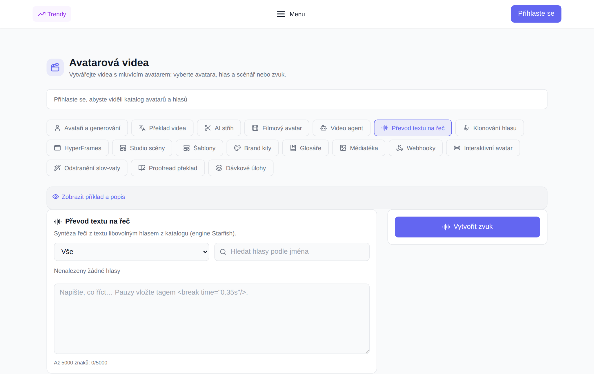 Sekce „Video Avatars“ NeuralSpace, karta „Text Voiceover“: filtrování podle jazyka a hlasového vyhledávání, seznam hlasů s tlačítkem pro poslech, textové pole, rychlost a tlačítko „Hlas“