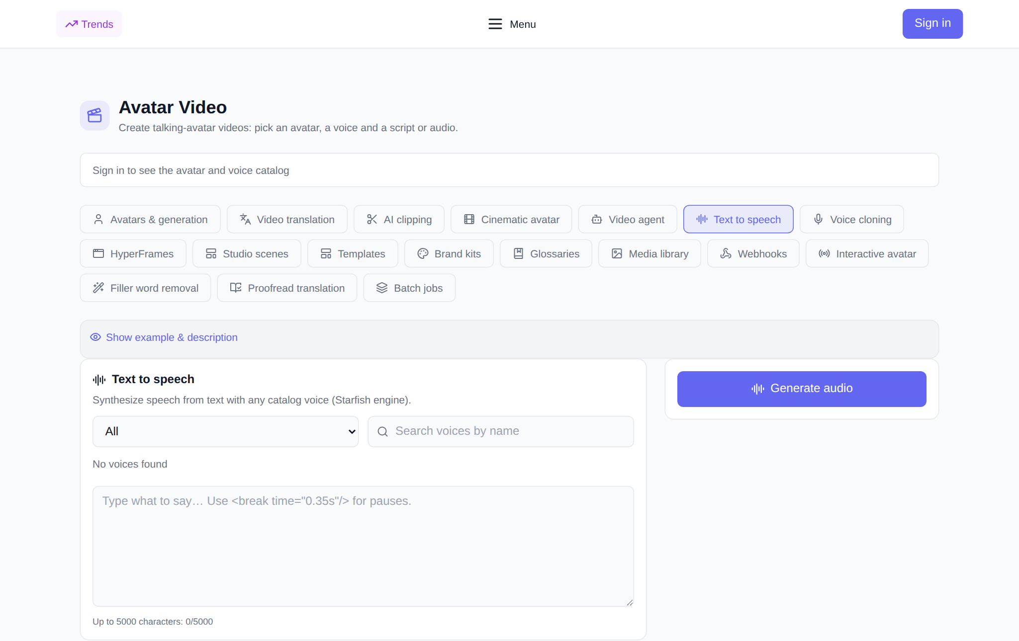 The NeuralSpace Video avatars section, Text to speech tab: language filter and voice search, a voice list with preview buttons, the text field, speed and the Generate audio button